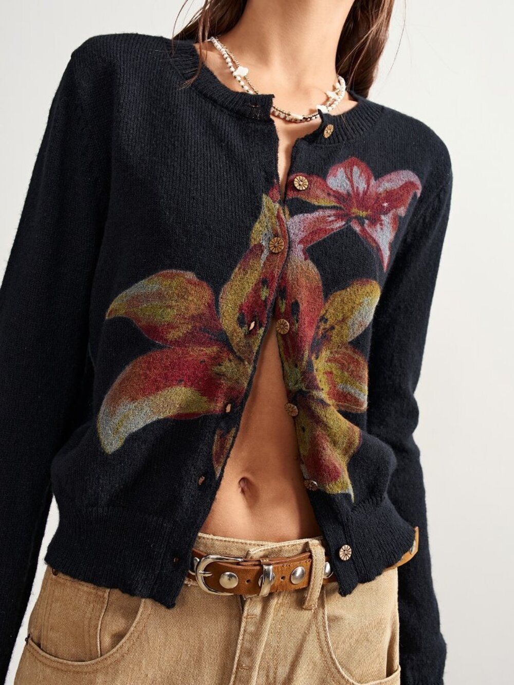 Black Casual Women's Floral Pattern Long Sleeve Single-Breasted Knit Cardigan